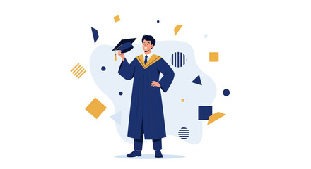 Graduation Illustration Featuring Student in Academic Regalia Celebrating With Geometric Shapes