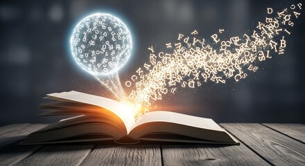 A glowing orb of digital information and a neural network emerging from the pages of an open book