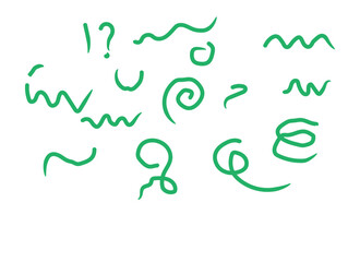 Collection of hand drawn green squiggles swirls and punctuation marks