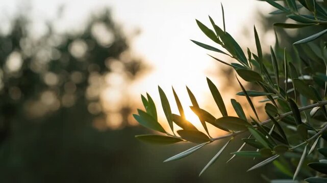 Vibrant green olive tree leaves are gently illuminated by the bright golden sun peeking through them during a beautiful peaceful sunset.