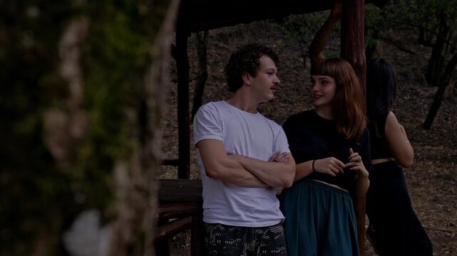 Young friends share laughter and an animated conversation under a rustic wooden shelter in a beautiful natural park. It highlights a genuine connection and relaxed social interaction outdoors.