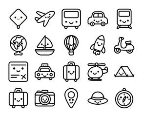 Flat Cute Travel and Adventure Illustration with Airplane, Luggage, Camera, Scooter, Map, Compass, Hot Air Balloon, Tent, Taxi, Bus, Boat, Rocket, and Globe in Pastel Colors for Vacation and Journey C