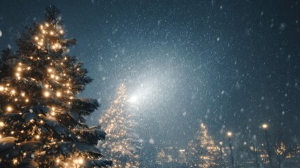 Christmas lights glowing through misty snowfall,