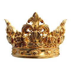 Ornate golden royal crown with intricate details isolated on transparent background