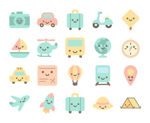 Flat Cute Travel and Adventure Illustration with Airplane, Luggage, Camera, Scooter, Map, Compass, Hot Air Balloon, Tent, Taxi, Bus, Boat, Rocket, and Globe in Pastel Colors for Vacation and Journey C