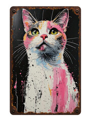 Rusty Metal Sign PNG-transparent. A  colorful cat portrait featuring heavy impasto brushwork in pink, white, and black tones. The piece sits against a dark backdrop within a rusty, weathered frame,