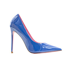 Elegant blue patent leather stiletto high heel shoe isolated on transparent background