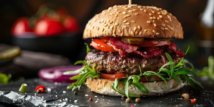 Juicy gourmet burger with crispy bacon and fresh lettuce on a sesame seed bun - Powered by Adobe