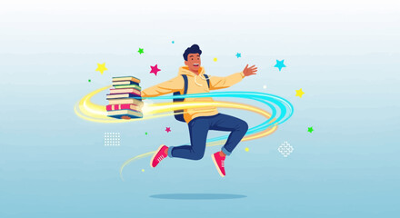 Joyful Student Expressing Excitement While Jumping With Books Representing Academic Cheer