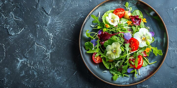Vibrant gourmet salad with fresh greens, cherry tomatoes, and edible flowers on a dark textured background