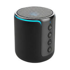 Compact cylindrical black portable bluetooth speaker with illuminated blue ring and textured top isolated on transparent background