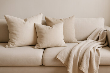 Cozy neutral toned couch with plush pillows and a soft throw blanket creating a warm inviting ambiance for relaxation and home decor