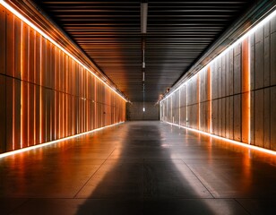 futuristic concrete corridor illuminated by warm orange and white led lights