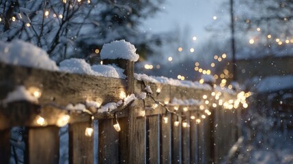 Christmas lights on snowy wooden fence,