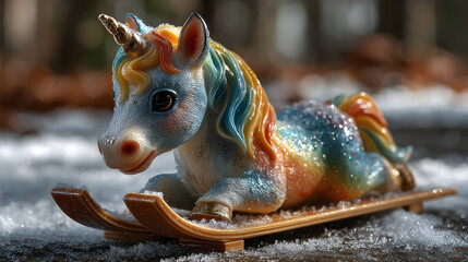 Unicorn Racing Downhill on a Sleigh – Cute Winter Adventure Fantasy Illustration