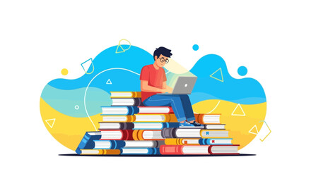 Online Learning Icon Depicting a Person Using Laptop atop a Stack of Books for Study