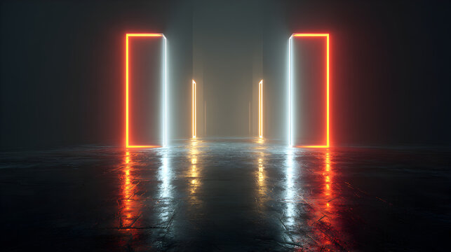 A dark, atmospheric hallway with glowing neon rectangles in orange and white, reflected on a wet, reflective floor - Powered by Adobe