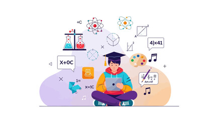 Naklejka premium Online Learning Student in Academic Attire With Various Subjects Floating Around Him