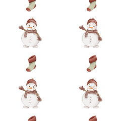 Celebrate New Year with a festive watercolor pattern featuring snowmen and stockings