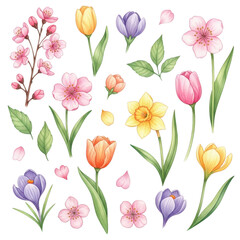 Obraz premium Vibrant spring floral collection delicate blossoms and tulips in assorted colors detailed raster art isolated on transparent background