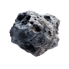 Rough textured dark gray asteroid fragment with craters isolated on transparent background