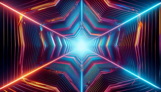 infinite neon hexagonal tunnel with glowing geometric shapes and a distant triangle light