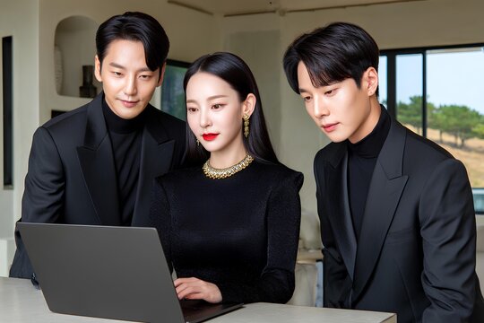 Professional Korean coworkers collaborating in an open-plan office, showcasing unity, focus, and innovation in a business environment.