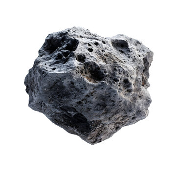 Rough textured dark gray asteroid fragment with craters isolated on transparent background