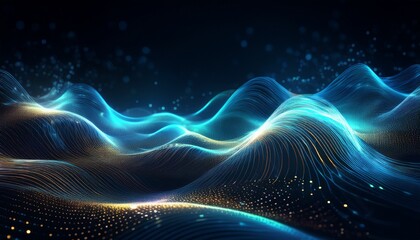 abstract glowing digital waves with particles on a dark background