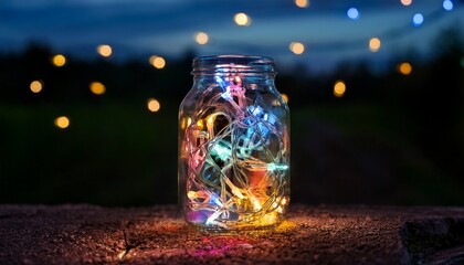 a jar filled with dreams illuminated by colorful fairy lights outdoors