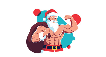 A strong and muscular Santa Claus, shirtless and flexing, carries a gift sack while ready for a powerful Christmas delivery.