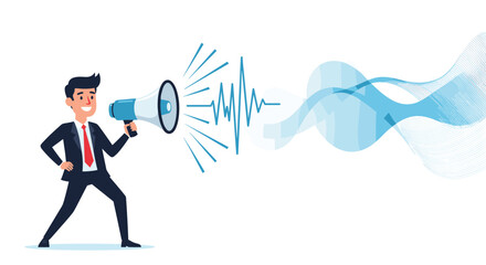 A confident businessman announces a message through a megaphone with sound waves, symbolizing public communication and marketing.