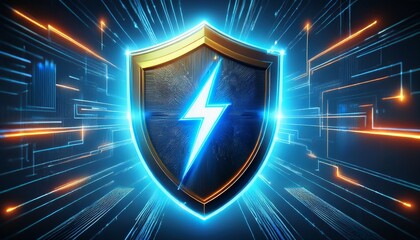 a glowing shield with a lightning bolt symbolizes cybersecurity and data protection in a digital world