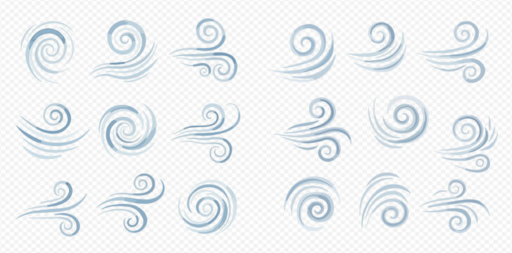 Collection of blue wind swirls and air movement icons on a transparent background.
