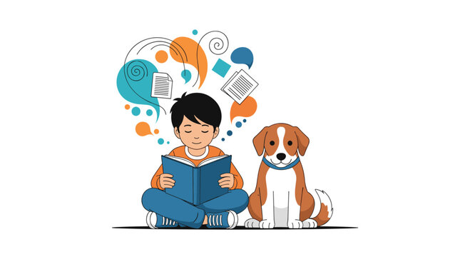 A boy peacefully reads a book with his dog beside him, fostering imagination and knowledge, a scene of quiet learning and friendship.