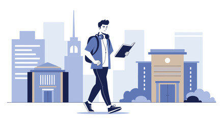 Student Exploring Urban Environment While Immersed in Academic Pursuits and Sonic Landscapes