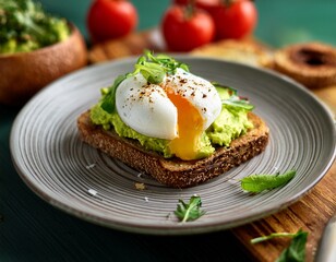 indulge in this exquisite avocado toast topped with a perfectly poached egg a vibrant culinary masterpiece that awakens the senses