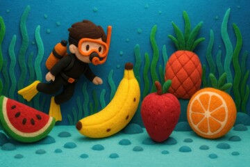 Fototapeta premium Adventurous Diver Among Tropical Fruits in a Vibrant Underwater Paradise Creation