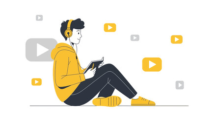 Person Listening Music and Taking Notes, Online Learning, Education Concept Illustration