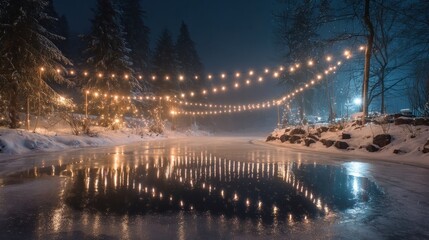Christmas lights reflected on frozen lake