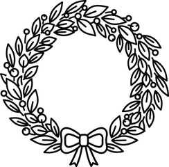 Hand drawn laurel wreath with ribbon and berries on white background