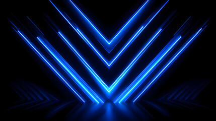 Abstract blue neon light streaks forming a v shape on a dark reflective surface, futuristic background