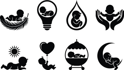 Baby and infant care icons: growth, love, protection, and new life