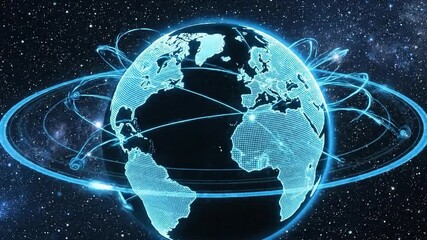 Futuristic digital earth with neon network orbits showcasing global connectivity data routes cybersecurity and satellite communication concept. Digital globe with neon networks​ - Powered by Adobe