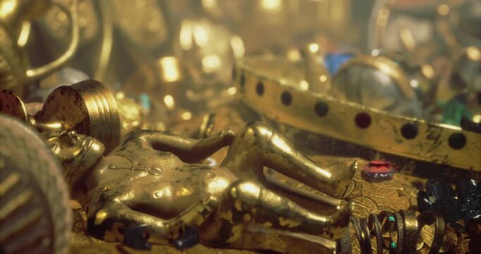 Hidden deep within a mysterious cave, a treasure trove glistens with gold coins, ornate jewelry, and gemstones, illuminating the darkness with its captivating aura of wealth and adventure.