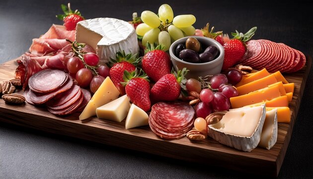 indulge in this exquisite charcuterie board featuring a delightful array of cheeses cured meats olives grapes and fresh strawberries perfectly arranged for a sophisticated culinary experience