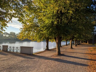 Morning in an autumn park in Cologne with a view of the lake