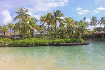 Obraz premium Tropical lagoon with palm trees and wooden boats under blue sky, calm paradise in Mexico
