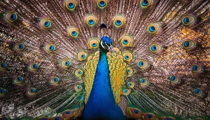 Obraz premium majestic peacock displaying its vibrant plumage in a captivating full fan showcasing natures artistry and beauty