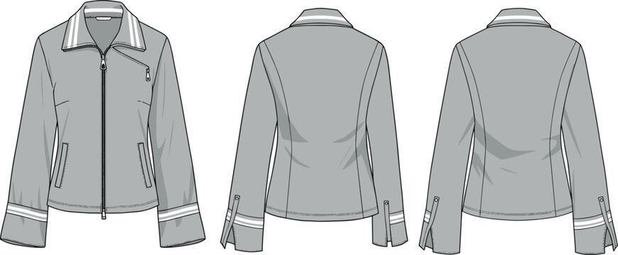 Women's technical jacket sketch, front back side view, zip-up design, fashion flat drawing, apparel template, garment construction illustration